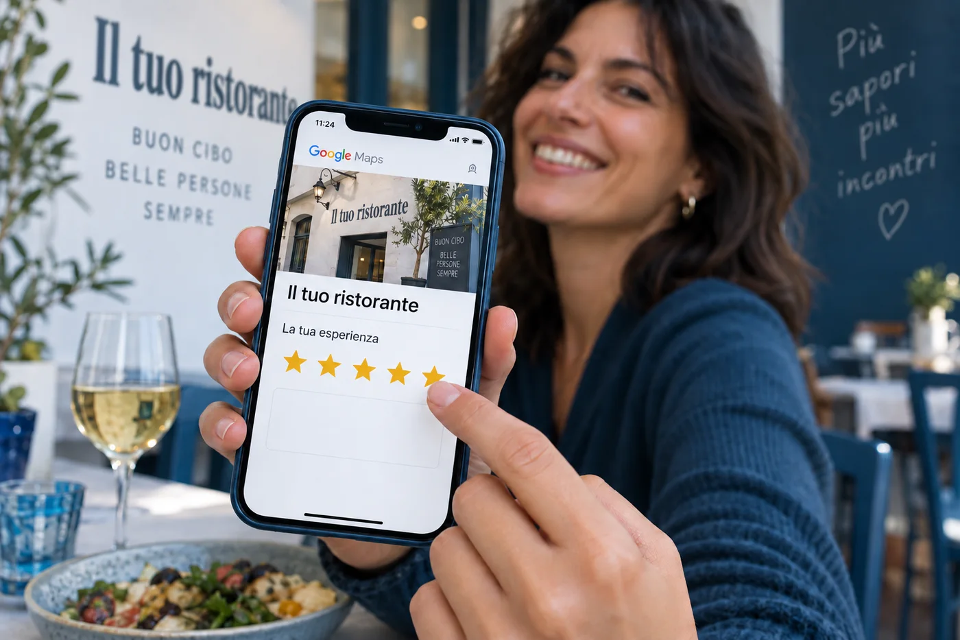 Immagine AI: una donna sorridente al ristorante indica cinque stelle sullo smartphone